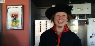 A Flying Dog staff member tries on Civil War regalia for an event at the Brewery