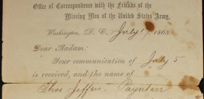 A form letter from the Clara Barton Missing Soldiers Office Museum, responding to the search for Thomas Jefferson Payntar