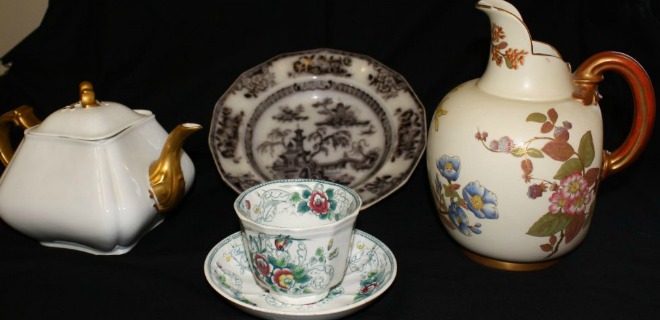 Teapot, plate, teacup, and pitcher connected to the Pry family