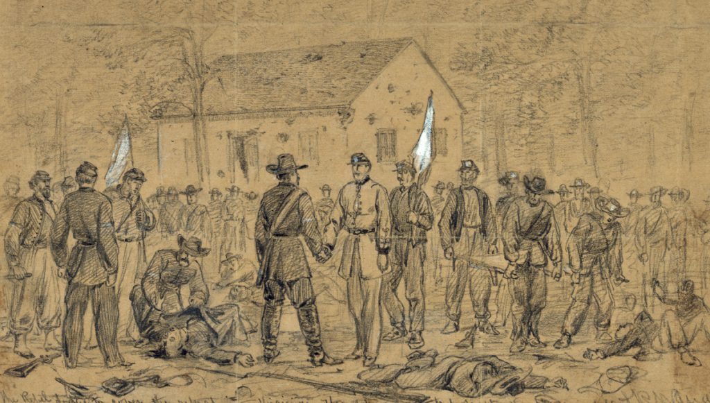 Alfred R. Waud, “The rebel dodge to cover the retreat into Virginia. Flag of truce to look after the wounded,” ca. September, 1862, Library of Congress.