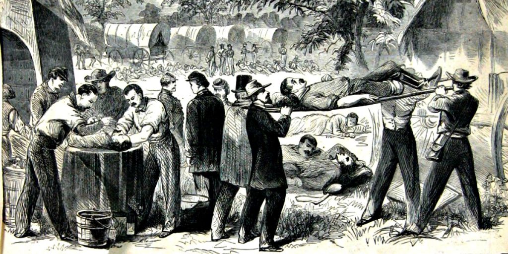 A detail of Waud's illustration of civilians evacuating the wounded at Antietam