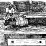 A body for dissection being taken out of a whiskey barrel.