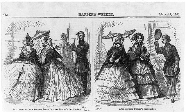 Cartoon concerning Benjamin Butler’s “Woman Order,” as military governor of New Orleans, Harper’s Weekly, May 15, 1862. Courtesy of the Library of Congress