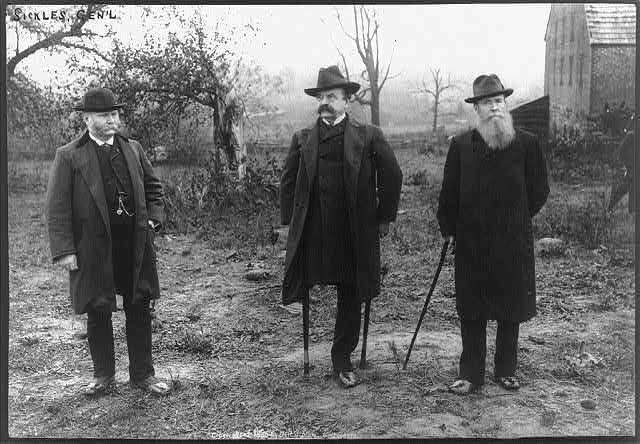 General Daniel Sickles (center) with General Joseph B. Carr (left) and General Charles K. Graham (right), visiting the location on Gettysburg Battlefield where Sickles was injured. Photograph circa 1886. Courtesy of the Library of Congress