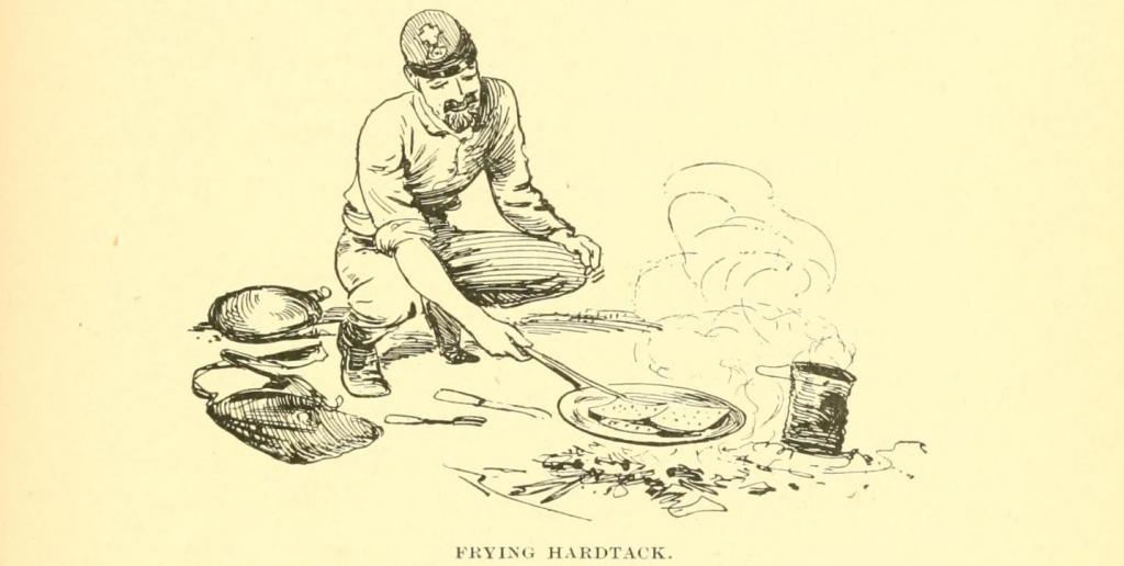 Hardtack was a stable in soldier's diets. The men tried all manner of cooking techniques to make it more edible. Image taken from Hardtack and Coffee