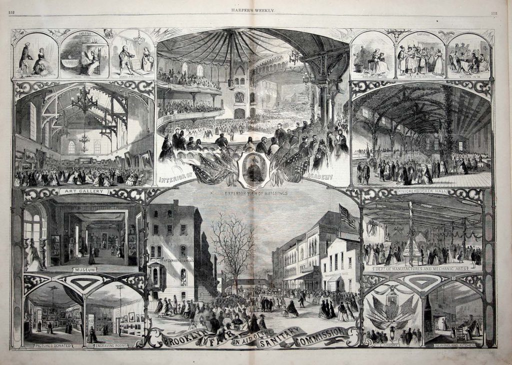 Sanitary Commission fairs, like the one pictured here from 1864 in Brooklyn were used to raise money to send supplies to troops on the front lines.