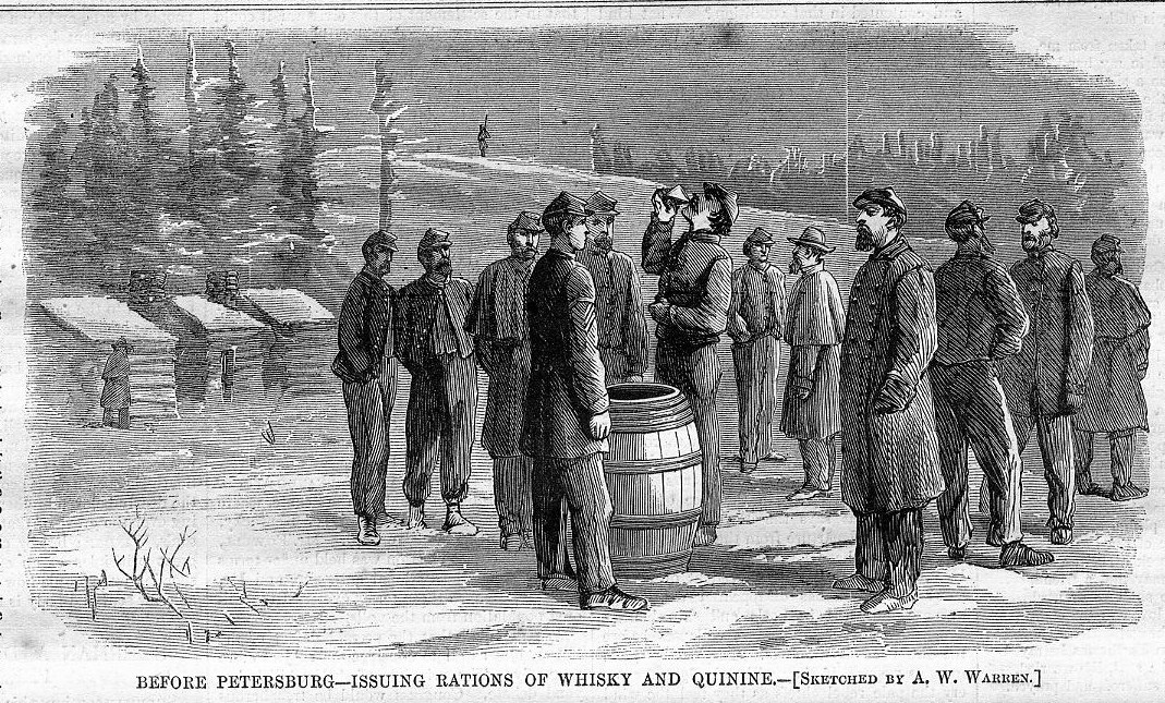 Harpers Weekly sketch of soldiers taking a quinine ration. The whiskey was meant to help with the bitterness.