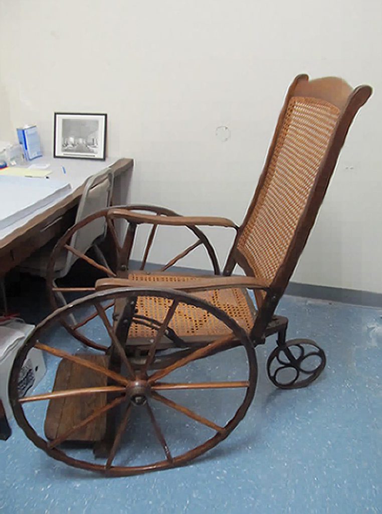 Wheelchair from the late 1860s. Courtesy of the NMCWM, Frederick, MD