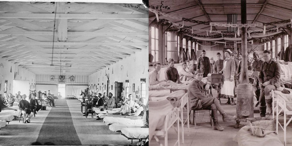 Left Civil War Armory Square Hospital in Washington DC. Right WWI Camp Hospital No 33 in Brest, France 