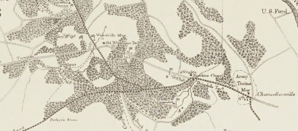 Enlarged map from the Medical and Surgical History of the War of the Rebellion detailing field hospital locations at the Wilderness