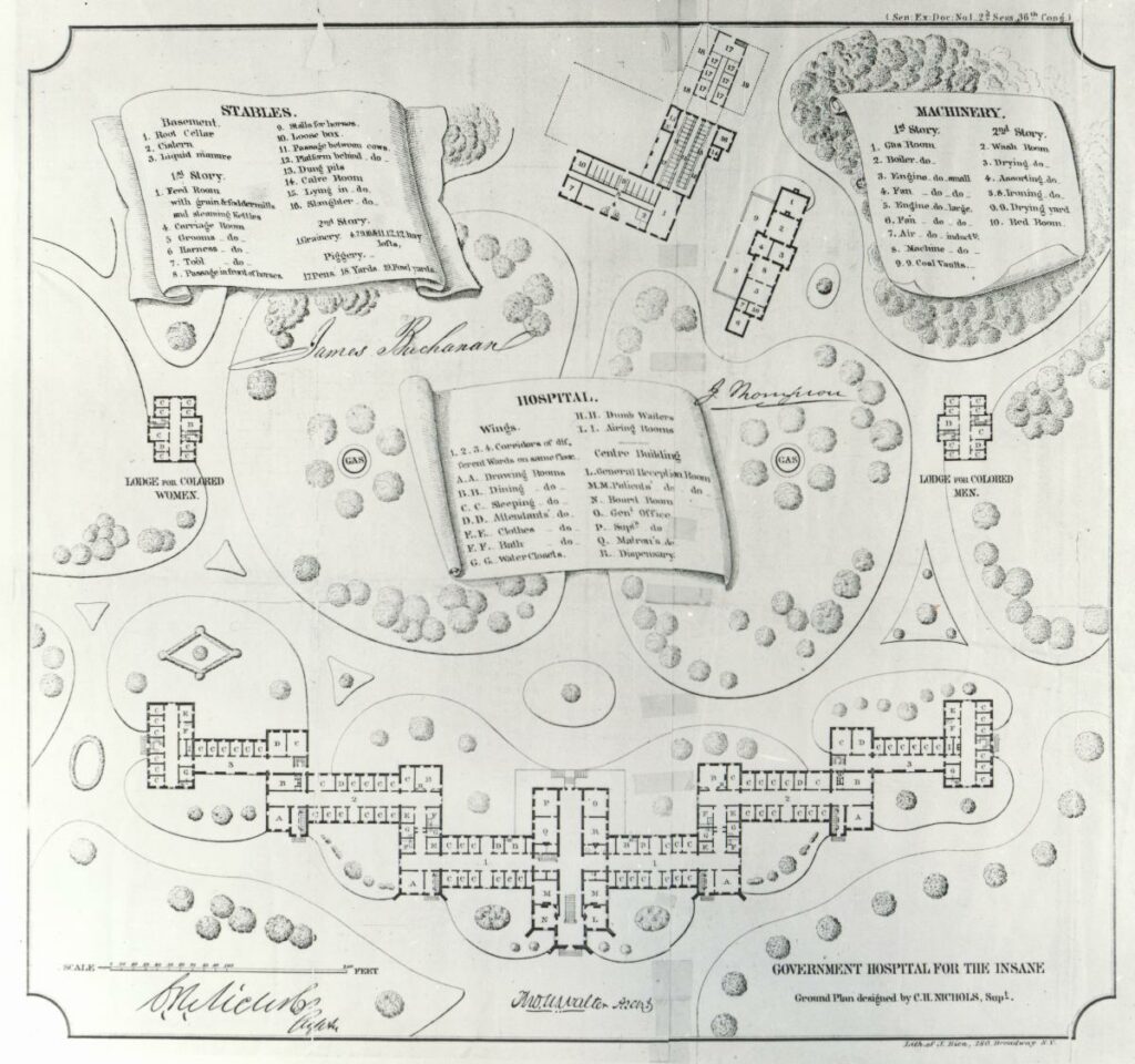 Ground Plan for the Government Hospital for the Insane, designed by Charles H. Nichols M.D., Superintendent 1852 - 1877 Courtesy of St. Elizabeths Hospital