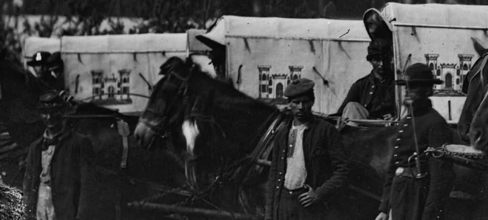 Figure 14: Detail from “Falmouth, Va. Men and wagons of the Engineer Corps ambulance train; another view,” Timothy H. O'Sullivan, November 1862-April 1863. Courtesy of the Library of Congress