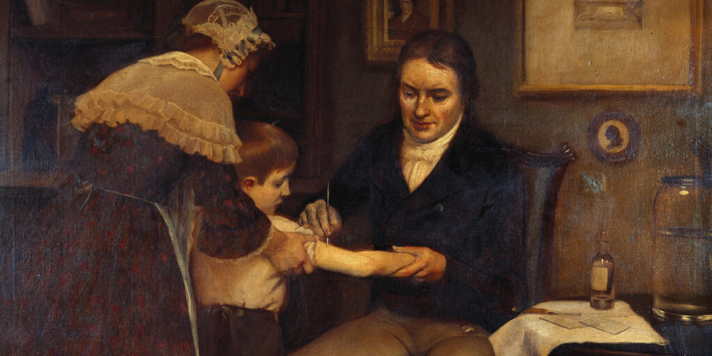 "Dr Jenner performing his first vaccination, 1796". Oil painting by Ernest Board. Courtesy of the Wellcome Collection